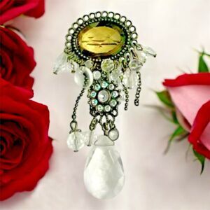Vintage Amber Resin & Rhinestone Brooch with Dangle Chain, 3.5 Inches